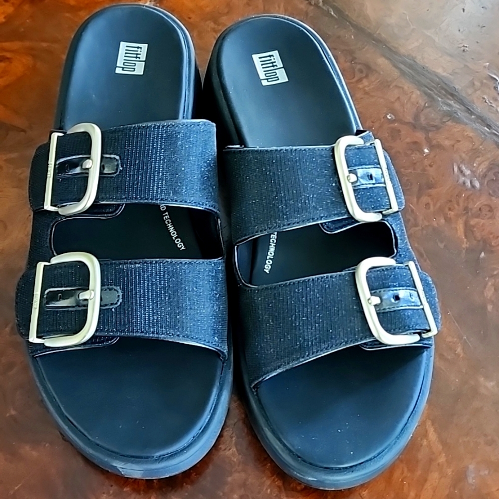 FitFlop Women's F-Mode Black Big Buckle Shimmerlux Flatform Sandals - Size 10